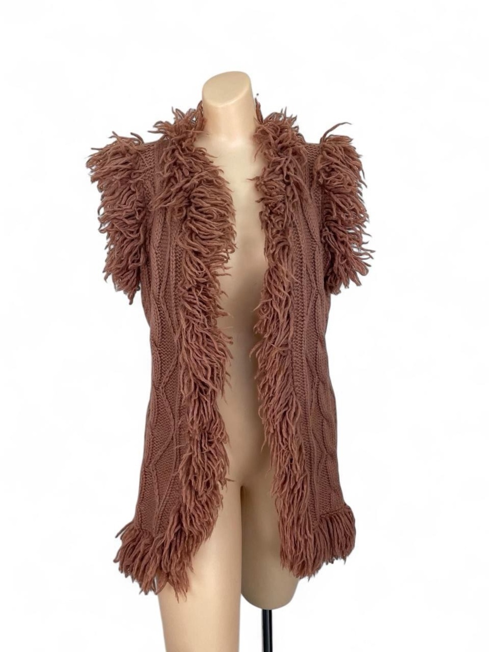 Vintage It’s Rich light brown wool cable knit fringe cardigan